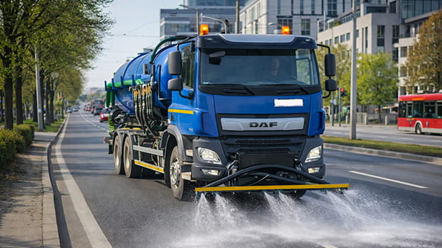 Blauer Sprengwagen reinigt eine Stadtstraße.